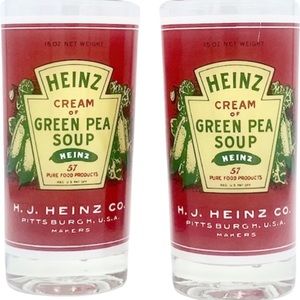Pair Vintage Georges Briard Heinz Green Pea Soup Label Cocktail Glasses Barware